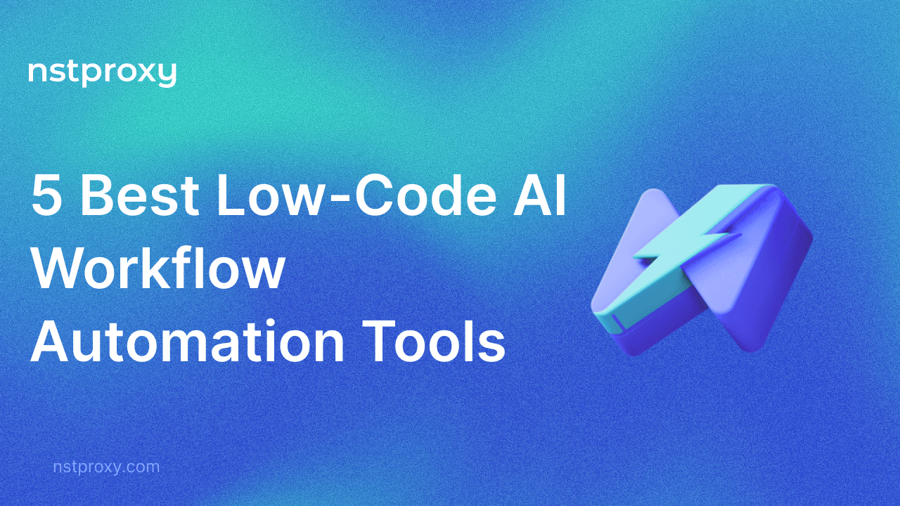 Abstract navy editorial illustration of a low-code AI workflow with branching data cards, an AI reasoning step, human approval, and completed outcomes.